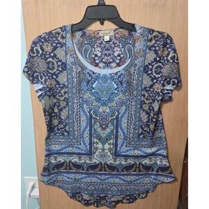 One World Size M Tunic Top Medallion Paisley Print Navy Blue Womens Short Sleeve